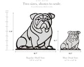 Line Art by Charles English Bulldog (Minimalist) sculpture size guide. Regular (Shelf Size) 7.9in tall and Mini (Desk Size) 4.1in tall, shown to scale with exact dimensions.