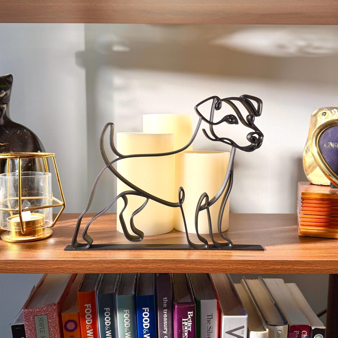 Jack Russell Terrier gift for Jack Russell mom displayed on wood bookshelf with candles, minimalist black line art dog sculpture home decor gift for dog lovers