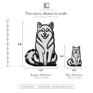 Line Art by Charles Alaskan Malamute sculpture size guide. Regular (Shelf Size) 9.8in tall and Mini (Desk Size) 4.5in tall, shown to scale with exact dimensions.