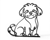 Clean continuous line art design of a sitting Maltipoo on a white background, showing the curly fluffy coat, sweet teddy-bear face, and detailed silhouette of the breed — minimalist 3D printed Maltipoo sculpture design, modern doodle dog decor, and one-line dog art gift for Maltipoo lovers.