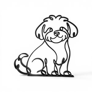 Clean continuous line art design of a sitting Maltipoo on a white background, showing the curly fluffy coat, sweet teddy-bear face, and detailed silhouette of the breed — minimalist 3D printed Maltipoo sculpture design, modern doodle dog decor, and one-line dog art gift for Maltipoo lovers.