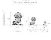 Line Art by Charles Mini Goldendoodle sculpture size guide. Regular (Shelf Size) 8.7in tall and Mini (Desk Size) 4.5in tall, shown to scale with exact dimensions.