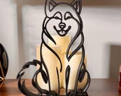 Matte black 3D printed Alaskan Malamute line art sculpture shown as minimalist dog decor.