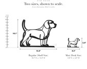 Line Art by Charles Large Beagle sculpture size guide. Regular (Shelf Size) 10.1in tall and Mini (Desk Size) 3.4in tall, shown to scale with exact dimensions.