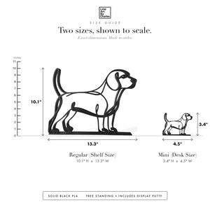 Line Art by Charles Large Beagle sculpture size guide. Regular (Shelf Size) 10.1in tall and Mini (Desk Size) 3.4in tall, shown to scale with exact dimensions.