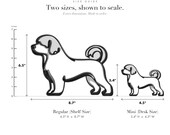 Line Art by Charles Portuguese Water Dog sculpture size guide. Regular (Shelf Size) 6.5in tall and Mini (Desk Size) 3.4in tall, shown to scale with exact dimensions.