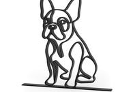 Slight side angle of Line Art by Charles black French Bulldog line art sculpture dog lovers gift on a studio white background.