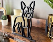 Angled side view of Boston Terrier line art sculpture showing upright stance and distinctive silhouette. Ideal for home styling, office decor, or thoughtful pet lover gift.