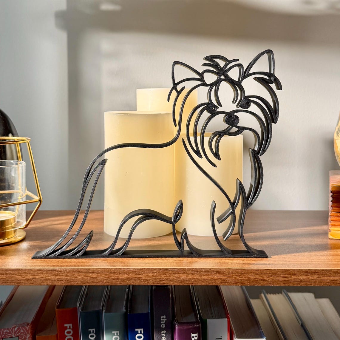 Gift for Yorkie mom close up of black line art long haired Yorkshire Terrier sculpture, minimalist Yorkie figurine gift for dog dad shelf decor