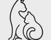 Modern minimalist cat sculpture in black 3D printed line art style, showing two cats sitting side by side with elegant curves. Set against a clean white background for a professional mockup look, perfect for product listings and showcasing home decor for cat lovers.