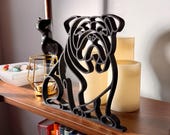 English Bulldog gift for dog mom, English Bulldog home decor, Bulldog lover gift, English Bulldog mom gift, English Bulldog dad gift, English Bulldog owner gift, Bulldog sculpture 3D printed black line art figurine, minimalist English Bulldog memorial keepsake displayed on wooden bookshelf with candles, unique English Bulldog birthday gift Christmas gift Mother’s Day Father’s Day present for Bulldog parents and dog lovers