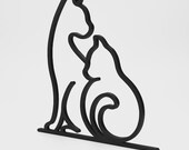 Modern minimalist cat sculpture in black 3D printed line art style, showing two cats sitting side by side with elegant curves. Set against a clean white background for a professional mockup look, perfect for product listings and showcasing home decor for cat lovers.
