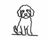 slightly angled view of Line Art by Charles black Mini Goldendoodle line art sculpture dog lovers gift on a studio white background show casing 15 millimeter depth of dog line art decor.