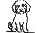 close up, slightly angled view of Line Art by Charles black Mini Goldendoodle line art sculpture dog lovers gift on a studio white background show casing 15 millimeter depth of dog line art decor.
