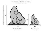 Line Art by Charles Two Cats Cuddling sculpture size guide. Regular (Shelf Size) 8in tall and Mini (Desk Size) 4.4in tall, shown to scale with exact dimensions.