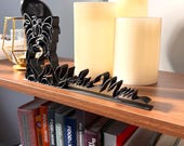 Yorkie Mom sitting dog sculpture side view on shelf with candles, Yorkshire Terrier mom home decor and birthday gift idea