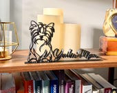 Black Yorkie Mom line art statue with script lettering on styled bookshelf, personalized gift for Yorkshire Terrier lovers