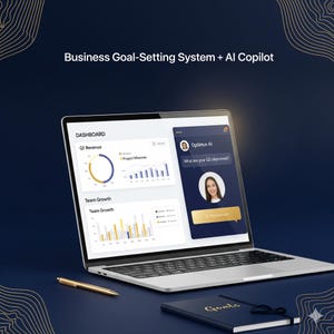 May include: A laptop showing a business dashboard with charts and graphs, a notebook labelled "Goals" and a gold pen. The screen displays "Business Goal-Setting System + AI Copilot" and "Optimus AI".