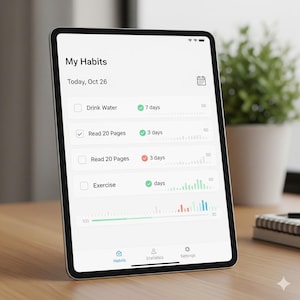 May include: A tablet screen shows a habit-tracking app with options to monitor daily activities. The interface displays 'My Habits' and includes progress indicators for tasks like drinking water, reading, and exercise, with a calendar icon.