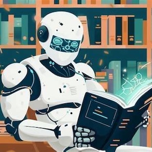 May include: Illustration of a white robot reading a book with glowing pages. The robot is in a library setting with bookshelves filled with books. The robot's face has a digital display.