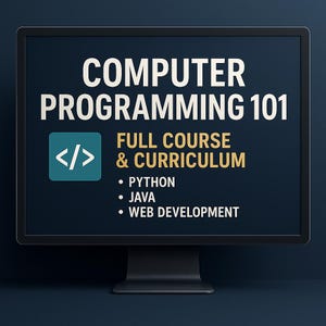Może przedstawiać: Monitor komputera wyświetla "COMPUTER PROGRAMMING 101" białym tekstem. Poniżej napis "FULL COURSE & CURRICULUM" z Python, Java i Web Development. Po lewej stronie znajduje się turkusowe pole z symbolami kodu.