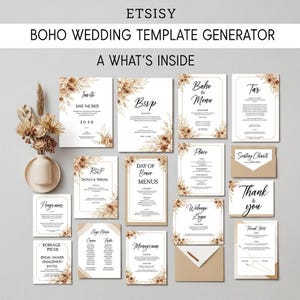 Pode incluir: Uma coleção de modelos de casamento boho, incluindo convites, cartões RSVP, menus e notas de agradecimento. Os designs apresentam uma paleta de cores neutras com detalhes florais e tipografia elegante. O texto "ETSISY BOHO WEDDING TEMPLATE GENERATOR" está no topo.