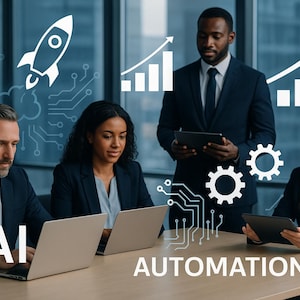 Könnte beinhalten: Ein Geschäftsteam in Anzügen arbeitet mit Laptops und Tablets. Das Bild enthält die Wörter "AI" und "AUTOMATION" mit grafischen Elementen wie einer Rakete, einer Leiterplatte, Zahnrädern und Balkendiagrammen, die Technologie und Geschäftswachstum suggerieren.