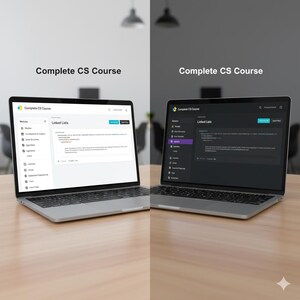 Op de afbeelding: Twee laptops tonen een "Complete CS Course" interface. Eén scherm toont een licht thema, de andere een donker thema. De interface bevat modules, datastructuren en linked lists.