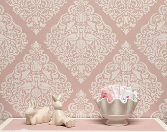 Lace Bird Damask Wall Stencil - Romantic, Farmhouse, Shabby Chic, Vintage Wallpaper Pattern