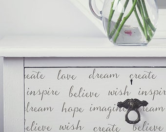 Dream On Lettering Furniture Stencil - Painting Typography, Saying, Quote on Dresser or Table - Nursery, Girls Room, Shabby Chic Decor