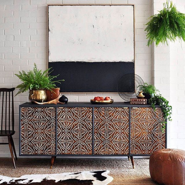 Tribal Batik Pattern Painted Furniture Stencil - African, Asian, Eastern, Boho Painted Dresser or Table