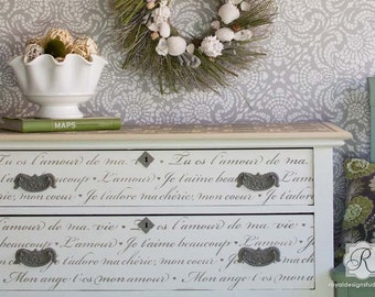 French Love Letters Furniture Stencil - Paint Dresser with Script, Vintage Furniture Quote, Shabby Chic Typography