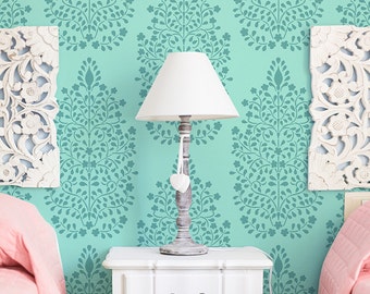 Designer Wall Stencil with Allover Wallpaper Look - Persian Turkish Flowers Painted onto Accent Wall