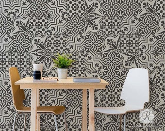 Spanish Tile Stencils Set - Painted Old World European Tiles - Farmhouse Kitchen Backsplash, Bathroom Floor, Boho Wall Art