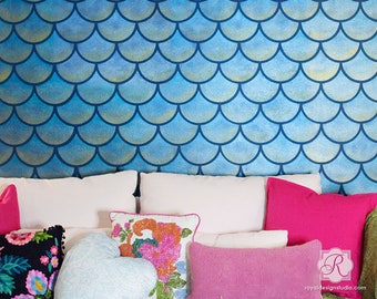 Scallops Design Wall Stencil Pattern - Large Wall Design DIY Painting - Mermaid Fish Scales Wallpaper Mural