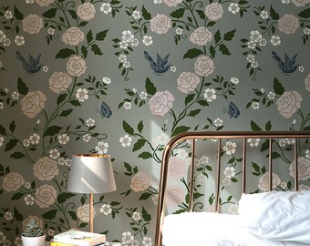 Wall Stencil - Chinoiserie Wallpaper Wall Painting Stencils - Chinese European Wall Design Stencil Pattern - Roses, Birds, Flowers, Floral