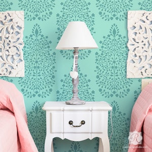 Designer Wall Stencil with Allover Wallpaper Look - Persian Turkish Flowers Painted onto Accent Wall