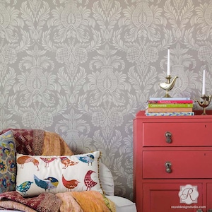 Large Damask Wall Stencil for Interior Painting and Easy Wallpaper Decor - Bedroom or Living Room DIY Mural