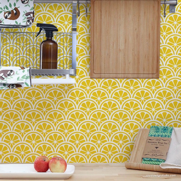 Lemons Stencil Design - Oranges Stencil - Citrus Wall Stencils for Painting Scallop Wall Pattern - DIY Kitchen Backsplash - Lemon Wallpaper