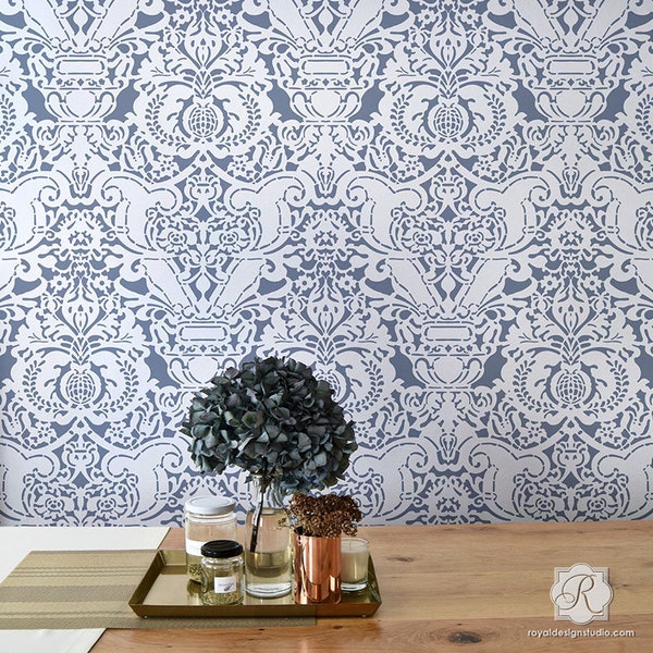 Fortuny Fabric Damask Wallpaper Wall Stencil - Patrón de pared grande - Old World European Vintage Victorian Farmhouse Shabby Chic