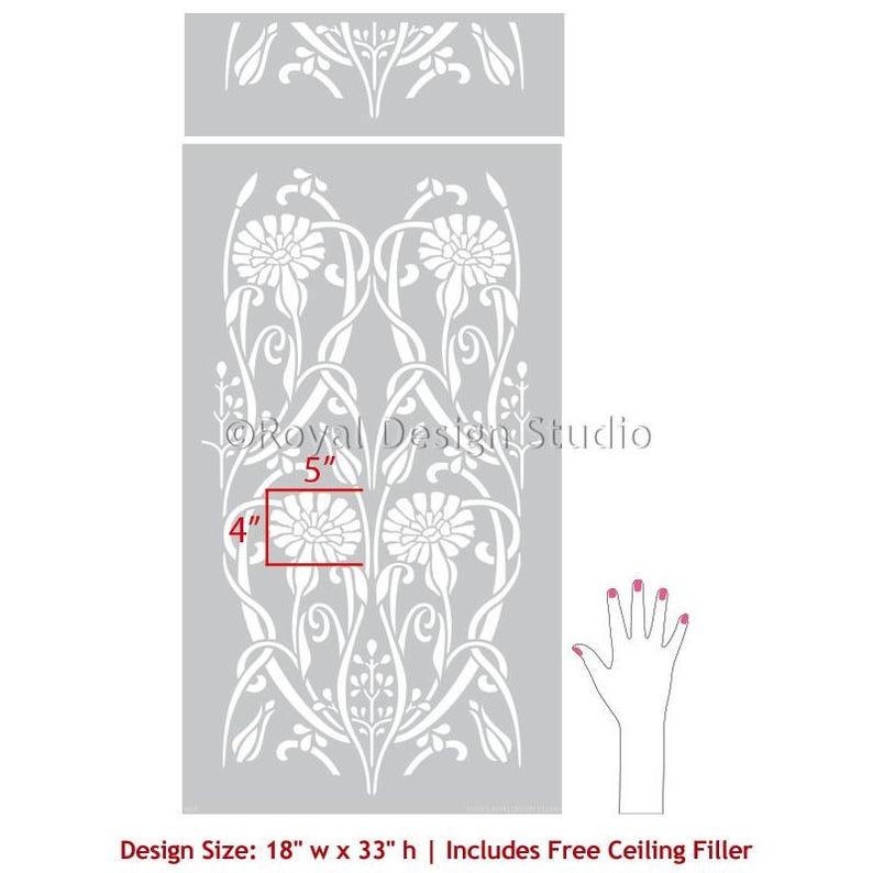 May include: A stencil design featuring a repeating pattern of stylized flowers and vines. The stencil is 18 inches wide and 33 inches high. It includes a free ceiling filler.