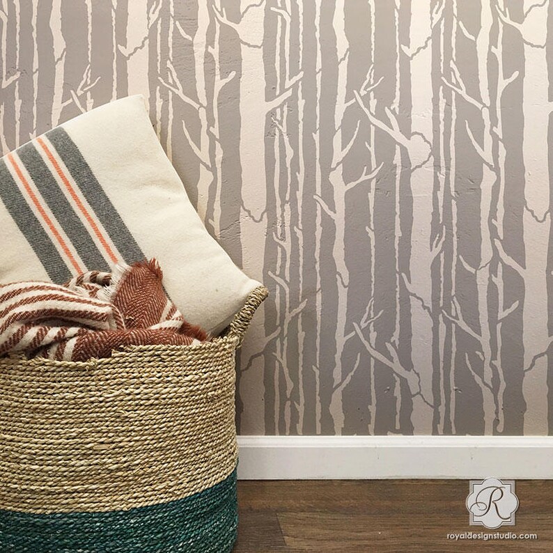 Tree Wall Stencil Painting Forest Trees on Feature Wall in Etsy Canada