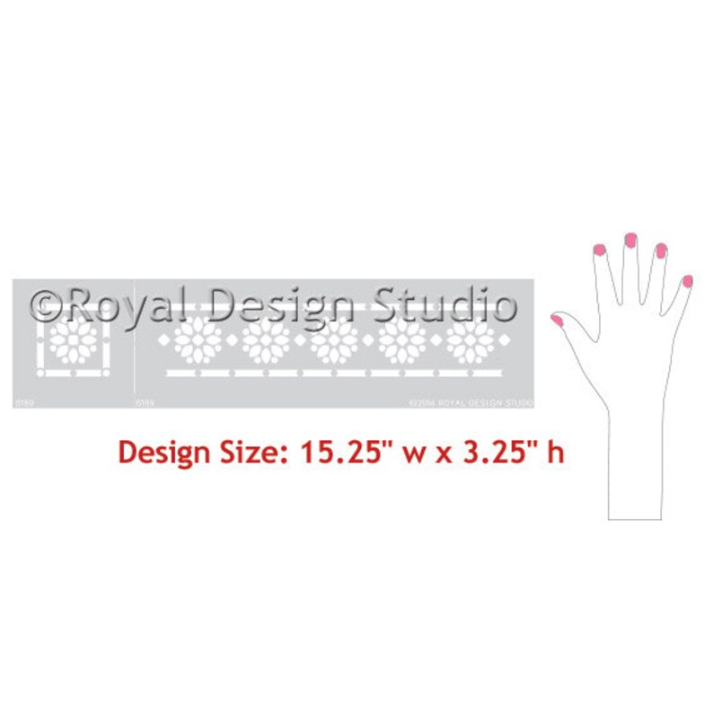 May include: A stencil with a repeating pattern of stylized flowers. The stencil is 15.25 inches wide and 3.25 inches high. The text "&copy;Royal Design Studio" is printed on the stencil.
