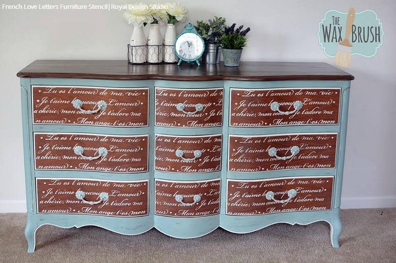 French Love Letters Furniture Stencil Paint Dresser with Script, Vintage Furniture Quote, Shabby Chic Typography image 7