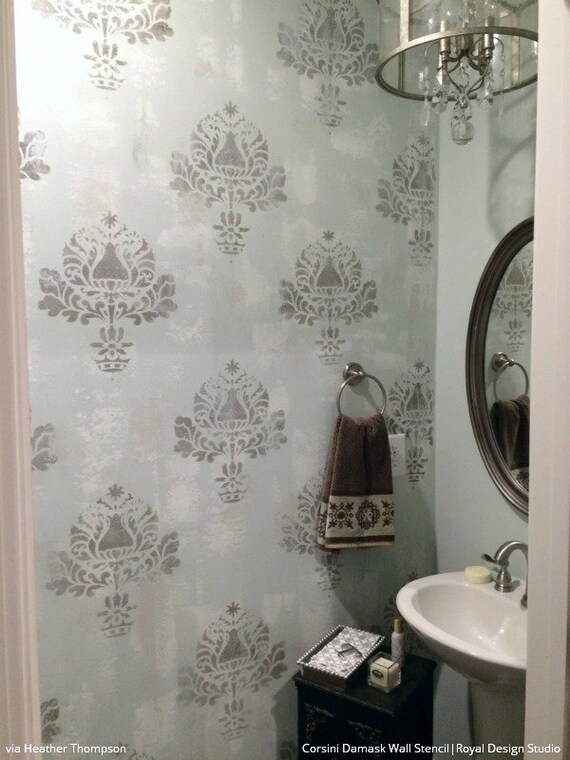 Damask Wall Stencil For Painting A Romantic Bedroom Wall Mural With Classic European Wallpaper Design Size Small