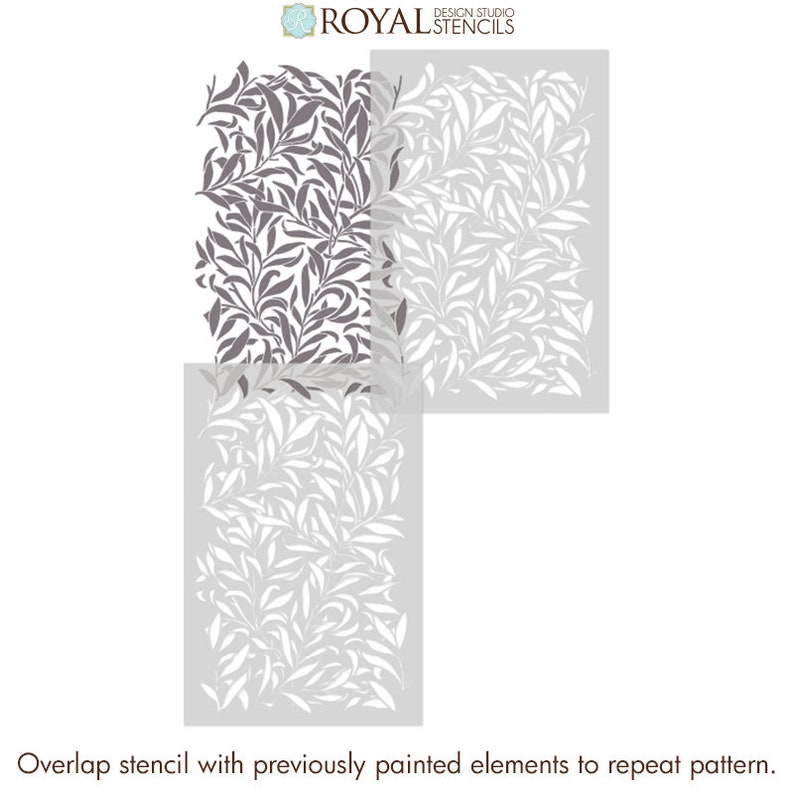 May include: Two pieces of a stencil for creating a repeating pattern of leaves. The stencil is made of a thin, flexible material and is designed to be used with paint.