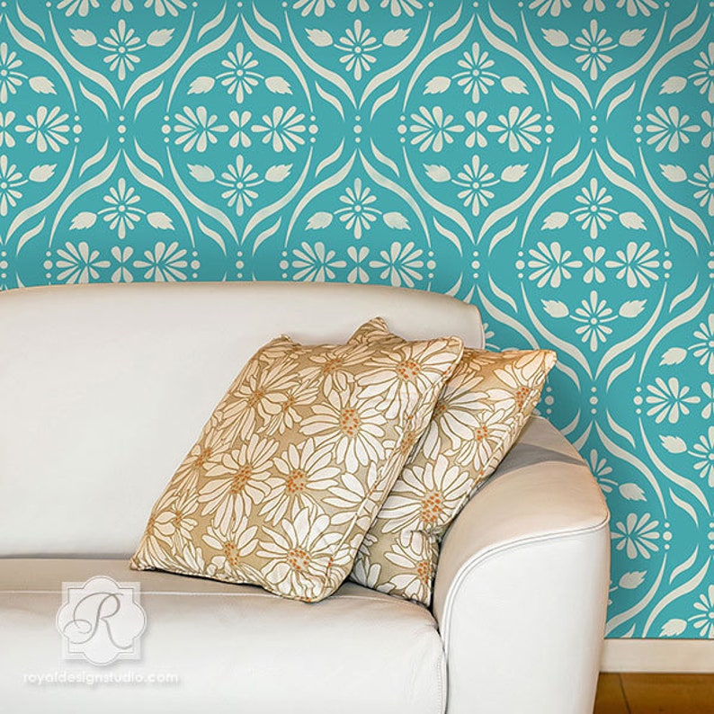 Modern Flower Trellis Wall Stencil Decorating Bedroom or Living Room Accent Wall with Large Custom Wallpaper Art