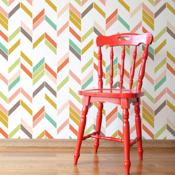 Colorful Modern Herringbone Wall Stencil - Paint Your Own Custom Wallpaper Look for Nursery Decor, Kids Room, Bedroom Wall Mural