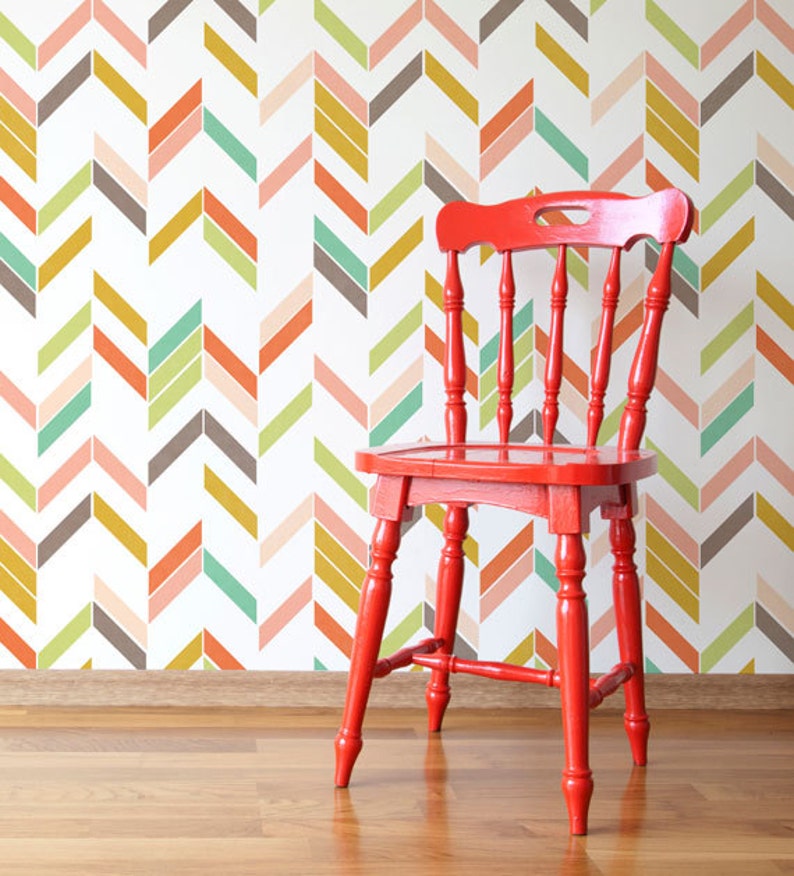 Colorful Modern Herringbone Wall Stencil Paint Your Own Custom Wallpaper Look for Nursery Decor, Kids Room, Bedroom Wall Mural image 1