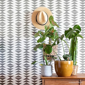 May include: A white wall with a gray geometric pattern, featuring a hat hanging on a hook and several potted plants on a wooden table. The plants include a monstera, a snake plant, and a philodendron.